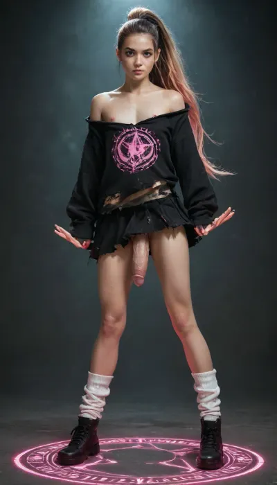 (Cinematic), Japanese 28 years old femboy, beautiful face, witch charactor, pink nipples, slim legs, freckles, pretty face, fierce look, flat chested, muscular, tall, pastel streak hair, (oversized hoodie offshoulder), pleats skirt, (He was attacked by magic from another witch and his clothes are tattered and torn:1.2), (his clothes jagged and ripped), (skin peeks through the gaps in the torn clothing:1.3), flying using magical power while riding a big magic circle, very long straight hair, high-ponytail, loose socks, black shoes, lift up skirt, battlefield of magic fantasy world, extreme realism, huge dick, dick sticking out of clothes
