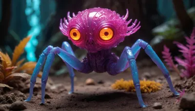 creature that perfectly inhabits the UV-reactive crystalline landscape. This being features a sleek, translucent body with internal skeletal structures that glow with neon cyan and violet light, mirroring the energy of the crystals around it. Its skin is adorned with intricate UV-reactive patterns in hot magenta and fluorescent orange, providing it with a natural camouflage among the neon flora. With its large, glowing amber eyes and multiple crystalline limbs, it's a fascinating addition to this otherworldly dimension. I hope you find it as captivating as the landscape itself.