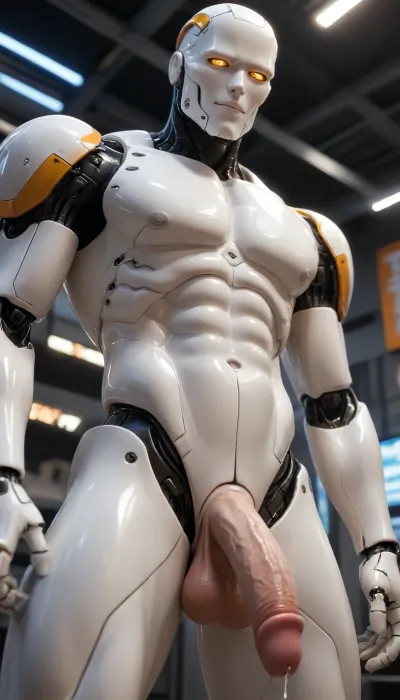 a male robot, robot, humanoid, (white plastic skin:1.3), synthetic, with mechanical joints, (curved penis:1), flaccid penis, standing on a metal pedestal. robot is athletic, anatomically correct, tall, slender, thin, handsome sexy. provocative cruel smile. normal size penis. In a spaceship with neon lights. Looking at the viewer. Seen from side. penis close-up. Penis is dripping precum. Not muscular. robotic head. Robotic joints. Spread legs. Robot head, led eyes. Seen from below