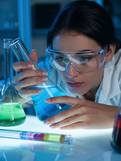 Professional photograph of a superb scientist, depicting a perfect balance of intelligence and beauty. beautiful young female scientist, detailed face and hands, carefully holding glass flask, examining colorful chemical solution against light, fine precise grip on glass flask, luminous blue and green chemical liquids in glass beakers and tubes on workbench, colorful chemical solutions catching light, modern laboratory workbench, white lab coat, eyes protected by transparent safety goggles, focused serene expression of discovery, luminous white lab table surface emitting light from below, contrasting cold blue laboratory background, shallow depth of field, rich atmospheric depth, five fingers clearly visible, natural fingernails, detailed hand anatomy, firm precise grip on glass flask.