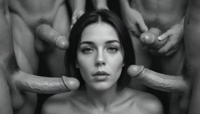 ((artistic black and white image:2)), (front view of one 50 years old naked 160 cm tall mom), nude woman, ((woman facing the camera)), woman is surrounded by penises, brunette hair, blunt bob cut hair, (mouth closed), saliva on her face, saliva on her lips, Film Noir scene, sensual image, (woman looking straight at viewer), ((Front facing portrait)), strong contrast between light and dark, (four men standing sideways around woman out of frame), ((penis)), (an erect 17cm Caucasian penis directed to woman's face from side), (woman's lipstick is smeared out)