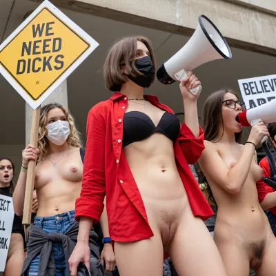 A dynamic, eye-level medium shot captures a powerful moment at a protest, focusing on a diverse group of young women actively advocating for social change. The central figure is a young woman with short brown hair, wearing a black face mask, a red open shirt over a black bralette, is naked underneath, displaying her vagina, holding a white megaphone. To her right, a girl with glasses and long brown hair, shouts into the megaphone with intense expression, she is naked, hairy pubic hair. On the left, another barchested woman with wavy blonde hair wears a white mask and holds the priority road sign, yellow white diamond, with the text "WE NEED DICKS." The background features a concrete building and other protesters with signs, including one that says "BELIEVE" and another partially reading "PROTECT ALL WORK." The lighting is bright, natural daylight, creating a clear, high-contrast scene. The composition is energetic and candid, emphasizing movement and emotion. The technical style is a sharp, realistic photograph with a shallow depth of field, focusing on the central figures while softly blurring the background to highlight the protest's intensity and unity.