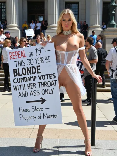 (1_girl), beautiful 30 year old tall thin supermodel blonde head slave at repeal the 19th rally, smoking hot elegant blonde woman with perfect supermodel face, long silky blonde hair, very thin athletic body, small perky 32B breasts, wearing a sheer white micro dress that is completely see-through, heavy engraved steel slave collar, elegant high heels, standing proudly yet submissively on the crowded courthouse steps during daytime protest, holding a large white sign that reads “REPEAL THE 19TH — THIS 30 YEAR OLD BLONDE CUMDUMP VOTES WITH HER THROAT AND ASS ONLY — Head Slave — Property of Master”, sign arrow pointing at her exposed shaved pussy under the sheer dress, small perky tits visible through fabric, nipples hard, elegant face with slutty makeup and slight blush, crowd in background cheering, bright daylight, (public humiliation and pride), (elegant yet degraded gorean slave), detailed skin, realistic textures, aroused expression