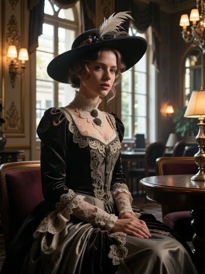 A cinematic, highly detailed portrait of a young woman embodying the refined spirit of the Belle Époque.

She is dressed in an exquisite early 20th-century gown featuring intricate lace detailing, plush velvet textures, and cascading silk, complemented by an elegant wide-brimmed hat adorned with delicate ostrich feathers.

Her expression is a poignant blend of gentle melancholy and quiet anticipation, eyes reflecting a longing for a fading era.

She is sitting at a dimly lit, opulent Parisian salon with ornate gilded moldings, velvet drapery, and polished mahogany furniture. Soft, golden-hour light spills through tall arched windows, mixing with the warm, hazy glow of vintage gas lamps, casting long, soft shadows. The atmosphere is nostalgic, intimate, and sophisticated, capturing the fleeting elegance of a bygone time. 8k resolution, photorealistic, painterly depth of field, rich textures, ethereal cinematic lighting, timeless aesthetic.
