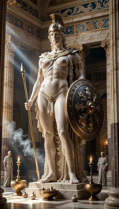 A magnificent ancient Greek statue of Athena standing inside a grand temple dedicated to the goddess in Classical Greece, around the 5th century BCE. The towering statue dominates the sacred inner sanctuary, depicting Athena as a majestic warrior goddess with a calm, intelligent and commanding expression. She is naked only wearing an ornate crested Corinthian helmet pushed slightly back from her face, and the protective aegis across her chest, decorated with the head of Medusa.

In one hand she holds a long bronze spear, while beside her rests a large round shield decorated with mythological reliefs. Subtle owl and olive branch motifs symbolize wisdom and Athens. The statue is carved from pale polished marble with delicate traces of ancient painted details and gilded ornamentation, suggesting how Greek statues originally appeared rather than completely bare white stone.

The temple interior is monumental and solemn, surrounded by massive fluted marble columns, carved stone friezes, painted architectural details, bronze offering bowls, burning oil lamps and small votive gifts left by worshippers. Thin curls of incense smoke drift through the sanctuary. Warm Mediterranean sunlight enters through the temple entrance and falls across the statue in dramatic golden shafts, illuminating floating dust and creating a sacred, almost divine atmosphere.

A few distant ancient Greek worshippers in historically appropriate chitons and himations stand respectfully near the edges of the sanctuary, emphasizing the enormous scale of the statue without distracting from Athena herself.

Historically inspired Classical Greek architecture, archaeological realism, cinematic historical epic, monumental composition, intricate marble carving, authentic ancient Greek details, dramatic natural lighting, atmospheric volumetric light, extremely detailed, realistic textures, museum-quality historical reconstruction, photorealistic, majestic and sacred atmosphere, wide cinematic composition.