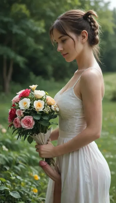 (Futanari:1.3), one dickgirl, (solo:1.3), (erect penis:1.3), (wide hips, hourglass figure, thick tighs:1.3), A beautiful young shemale standing in a lush wildflower field, medium shot, smiling radiantly at the camera, wearing a simple white puff-sleeve sundress, hair styled in two neat pigtails, holding a vibrant bouquet of mixed flowers including pink, yellow, and white roses, soft natural sunlight, shallow depth of field, dreamlike atmosphere, photographic style, highly detailed, realistic skin texture, idyllic summer meadow background, (side view:1.4)