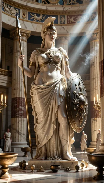 A magnificent ancient Greek statue of Athena standing inside a grand temple dedicated to the goddess in Classical Greece, around the 5th century BCE. The towering statue dominates the sacred inner sanctuary, depicting Athena as a majestic warrior goddess with a calm, intelligent and commanding expression. She wears an ornate crested Corinthian helmet pushed slightly back from her face, a long finely sculpted peplos with intricate folds, and the protective aegis across her chest, decorated with the head of Medusa.

In one hand she holds a long bronze spear, while beside her rests a large round shield decorated with mythological reliefs. Subtle owl and olive branch motifs symbolize wisdom and Athens. The statue is carved from pale polished marble with delicate traces of ancient painted details and gilded ornamentation, suggesting how Greek statues originally appeared rather than completely bare white stone.

The temple interior is monumental and solemn, surrounded by massive fluted marble columns, carved stone friezes, painted architectural details, bronze offering bowls, burning oil lamps and small votive gifts left by worshippers. Thin curls of incense smoke drift through the sanctuary. Warm Mediterranean sunlight enters through the temple entrance and falls across the statue in dramatic golden shafts, illuminating floating dust and creating a sacred, almost divine atmosphere.

A few distant ancient Greek worshippers in historically appropriate chitons and himations stand respectfully near the edges of the sanctuary, emphasizing the enormous scale of the statue without distracting from Athena herself.

Historically inspired Classical Greek architecture, archaeological realism, cinematic historical epic, monumental composition, intricate marble carving, authentic ancient Greek details, dramatic natural lighting, atmospheric volumetric light, extremely detailed, realistic textures, museum-quality historical reconstruction, photorealistic, majestic and sacred atmosphere, wide cinematic composition.
