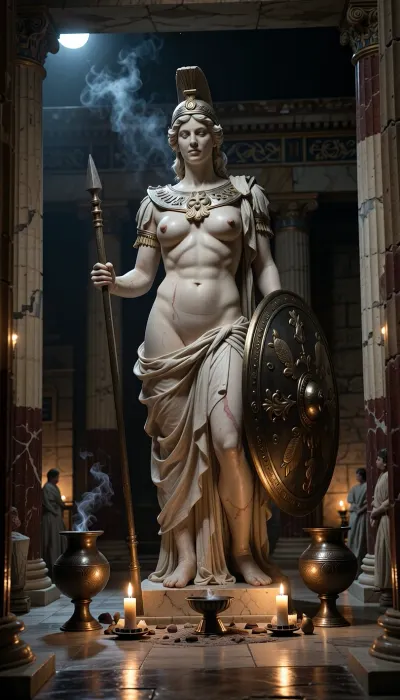 A monumental ancient Greek statue of Athena standing inside a temple dedicated to her in Classical Greece, around the 5th century BCE, at night. The sacred sanctuary is dimly illuminated by flickering oil lamps, bronze braziers, and small offerings burning before the goddess, creating a solemn, mysterious and reverent atmosphere. Athena’s towering statue dominates the temple interior, portrayed as a majestic warrior goddess with a calm, wise and commanding expression. She is naked with huge breasts and a smooth pussy wearing only an ornate crested Corinthian helmet pushed slightly back from her face, and the aegis across her chest bearing the head of Medusa.

In one hand she holds a long spear, and beside her stands a large round shield decorated with mythological reliefs. Owl and olive motifs are subtly incorporated into the design, symbolizing wisdom and Athens. The statue is made of pale marble with traces of ancient painted pigment and gilded ornament, historically inspired rather than plain white stone.

The temple interior is grand and shadowed, with tall fluted marble columns, painted friezes, carved stone walls, bronze vessels, votive offerings, and thin streams of incense smoke drifting upward in the darkness. Moonlight enters faintly from the temple entrance and upper openings, mixing with the warm firelight to create dramatic contrast across the statue’s face and robes. The atmosphere feels sacred, ancient, and almost supernatural, as if the goddess is silently watching over the city.

A few distant worshippers in historically appropriate ancient Greek robes kneel or stand in prayer near the edges of the chamber, small in scale compared to the immense statue. Historically inspired Classical Greek architecture, archaeological realism, sacred atmosphere, dramatic torchlight, cinematic shadows, volumetric smoke, highly detailed marble sculpture, realistic textures, photorealistic, moody, mysterious, majestic, museum-quality historical reconstruction, wide cinematic composition.