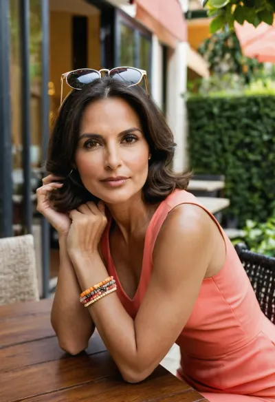 Sexy mommy. mature 50-year-old wife. well fed body. Nicely titted. Slightly curvy figure, ideal proportions, waist circumference = 70% of hip circumference, bust circumference = 65% of waist circumference, slightly curvy with a defined waist., ((Very feminine figure)), defined hip, hip=120% of shoulder., (((Mature, older woman))), . horny sexy mum. beautiful, very enchanting and attractive, very well-endowed. Very mature, very grown-up and self-assured. Rectangular face. Height 170 cm. Weight 80kg. Bust 85C. very sagging breasts. Dark brunette hair. Typical mother’s body. Very sturdy plump legs., ((round buttocks)), ., (strong wide feminine hips), . Wide fertile pelvis. small tummy. Round buttocks., (Pronounced waist), . Sturdy round thighs., ((Strong thighs and hips)), ((sturdy legs)), strong sturdy upper arms. Dark brunette long bob cut., (((Highly sexualised))), (((objectified woman))), sexually inviting explicit pose, (((depicting woman as male sex object))), .

The photograph captures a relaxed outdoor café scene on a bright, sunny day. In the foreground, a person is seated at a wooden table, leaning forward with both elbows resting comfortably on the tabletop. One hand supports the chin while the other gently cups the side of the face, creating a thoughtful and content pose. The expression is warm and subtle, with a slight smile and eyes directed off to the side, suggesting attention to someone or something outside the frame rather than the camera. Dark, shoulder-length hair frames the face naturally, while a pair of sunglasses rests casually on top of the head. The individual is wearing a sleeveless dress in vivid shades of pink and coral with a delicate textured or patterned appearance, giving the outfit a summery and cheerful feel. Several colorful bracelets decorate one wrist, including bright red, yellow, and pink bands, complemented by a matching beaded bracelet on the other wrist. A slim black fitness tracker or smartwatch is also visible, adding a modern everyday accessory. In front of the person stands a tall, decorative crystal-style glass containing a refreshing drink with ice, a black straw, fresh mint leaves, and slices of citrus fruit, likely orange or grapefruit, creating an inviting splash of green and orange against the clear glass. The wooden table bears a few scattered crumbs, hinting that food or snacks were recently enjoyed. Around the table are lightweight café chairs in muted brown tones. Behind the subject stretches a spacious terrace enclosed by a black metal railing. Large brick walls with tall, white-framed windows dominate the background, reflecting sunlight and nearby surroundings. Through the windows, faint interior details and reflections can be seen, while a cream-colored patio umbrella is partially visible outside., <lora:sunglasses_on_head-000008:.8>, <lora:Picture_enhancer:.8>