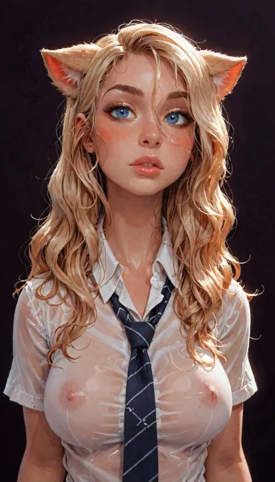 (reiq meets innv and Jack cayless art style), (Incase style:1.2), beautiful girl, blonde long hair, (cat ears), ((tie-front top:1.5)), (transparent top), bangs over eye, symmetrical blue eyes, snub nose, plumb lips, parted lips, half-closed eyes, perfect natural breasts, curly hair, erect puffy nipples, 1girl, solo, face focus, beautiful curves of the body, realistic detailed, deep insertion, intim light, cat uniform, (simple dark background:1.8), skin texture, futuristic-fantasy-anime, incase, style, <lora:sd_xl_turbo_lora_v1-64dim:2>, <lora:futureistic_fantasy_anime_sdxl_v1:2>, <lora:Incase_Style__SDXL:2>