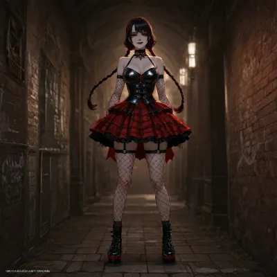 Goth-punk reimagining of Dorothy Gale from The Wonderful Wizard of Oz. Pale skin, edgy dark makeup with heavy eyeliner, black lipstick, and a bold rebellious smirk, large bimbo breasts. Jet black hair with streaks of crimson or violet, styled into messy braids tied with leather straps. Wearing a punk version of her dress, torn black-and-red plaid with corset lacing, fishnet sleeves, and ripped stockings. Blood-red studded platform shoes glowing faintly with arcane energy. Black spiked choker and wristbands as accessories. Standing on a cracked yellow brick road, neon-green glow of a sinister Emerald City on the horizon, graffiti scrawled across broken Oz signs. Ultra-realistic gothic punk fantasy art, highly detailed, cinematic neon-and-shadow lighting, atmosphere of rebellion, danger, and dark charisma.