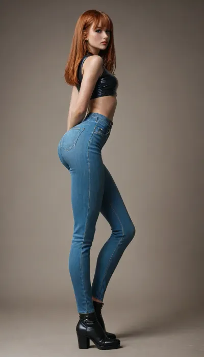 Full body view, (((side view))), ((hands in the back)), ((bubble butt:1.5)), 18yo stunning sexy secretary, slim waist, ginger hair with straight bangs, (((tight jeans pants with leather crop top with the words "PÉTASSE" written on top))), high black boots, small legs, ((looking at viewer)), lora, ahxl_v1, 1.7>, sad looking, Flared, jeans, bottomheavy, big, ass, huge, gigantic, thick, thighs, massive, <lora:Creat0r_MagicDetailzV2_FIX:2>, <lora:Flared_Jeans_XL_V2:2>, <lora:bottomheavy_v1_sdxl_LoRA:2>