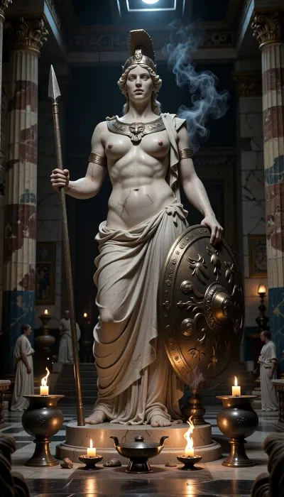 A monumental ancient Greek statue of Athena standing inside a temple dedicated to her in Classical Greece, around the 5th century BCE, at night. The sacred sanctuary is dimly illuminated by flickering oil lamps, bronze braziers, and small offerings burning before the goddess, creating a solemn, mysterious and reverent atmosphere. Athena’s towering statue dominates the temple interior, portrayed as a majestic warrior goddess with a calm, wise and commanding expression. She is naked with large breasts and a smooth pussy wearing only an ornate crested Corinthian helmet pushed slightly back from her face, and the aegis across her chest bearing the head of Medusa.

In one hand she holds a long spear, and beside her stands a large round shield decorated with mythological reliefs. Owl and olive motifs are subtly incorporated into the design, symbolizing wisdom and Athens. The statue is made of pale marble with traces of ancient painted pigment and gilded ornament, historically inspired rather than plain white stone.

The temple interior is grand and shadowed, with tall fluted marble columns, painted friezes, carved stone walls, bronze vessels, votive offerings, and thin streams of incense smoke drifting upward in the darkness. Moonlight enters faintly from the temple entrance and upper openings, mixing with the warm firelight to create dramatic contrast across the statue’s face and robes. The atmosphere feels sacred, ancient, and almost supernatural, as if the goddess is silently watching over the city.

A few distant worshippers in historically appropriate ancient Greek robes kneel or stand in prayer near the edges of the chamber, small in scale compared to the immense statue. Historically inspired Classical Greek architecture, archaeological realism, sacred atmosphere, dramatic torchlight, cinematic shadows, volumetric smoke, highly detailed marble sculpture, realistic textures, photorealistic, moody, mysterious, majestic, museum-quality historical reconstruction, wide cinematic composition.