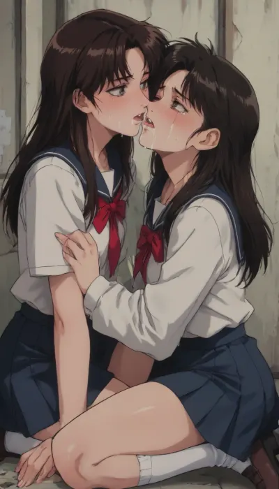 Markgavatino style, (retro anime:1.8), masterpiece, 2 women, 25 year old, on knee beneath you, awkwardly kissing, shy, embarrassed, crying, tears, cum on faces, cum leaking from mouth, (school uniform), <lora:mk_Bp Anime_xl:1>, <lora:NEOTOKIOXL_0.2_RC:2>