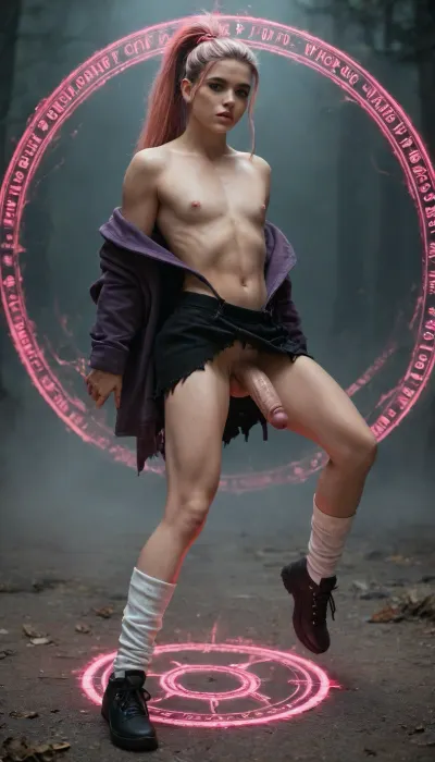 (Cinematic), Japanese 28 years old femboy, beautiful face, witch charactor, pink nipples, slim legs, freckles, pretty face, fierce look, flat chested, muscular, tall, pastel streak hair, (oversized hoodie offshoulder), pleats skirt, (He was attacked by magic from another witch and his clothes are tattered and torn:1.2), (his clothes jagged and ripped), (skin peeks through the gaps in the torn clothing:1.3), flying using magical power while riding a big magic circle, very long straight hair, high-ponytail, loose socks, black shoes, lift up skirt, battlefield of magic fantasy world, extreme realism, huge dick, dick sticking out of clothes, erect dick