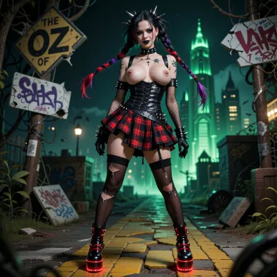 Goth-punk reimagining of Dorothy Gale from The Wonderful Wizard of Oz. Pale skin, edgy dark makeup with heavy eyeliner, black lipstick, and a bold rebellious smirk, large bimbo breasts. Jet black hair with streaks of crimson or violet, styled into messy braids tied with leather straps. Wearing a punk version of her dress, torn black-and-red plaid with corset lacing, fishnet sleeves, and ripped stockings. Blood-red studded platform shoes glowing faintly with arcane energy. Black spiked choker and wristbands as accessories. Standing on a cracked yellow brick road, neon-green glow of a sinister Emerald City on the horizon, graffiti scrawled across broken Oz signs. Ultra-realistic gothic punk fantasy art, highly detailed, cinematic neon-and-shadow lighting, atmosphere of rebellion, danger, and dark charisma.