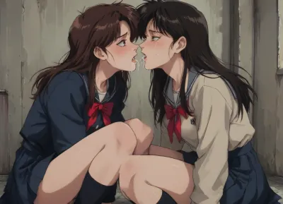Markgavatino style, (retro anime:1.8), masterpiece, 2 women, 25 year old, on knee beneath you, awkwardly kissing, shy, embarrassed, crying, tears, cum on faces, cum leaking from mouth, (school uniform), <lora:mk_Bp Anime_xl:1>, <lora:NEOTOKIOXL_0.2_RC:2>