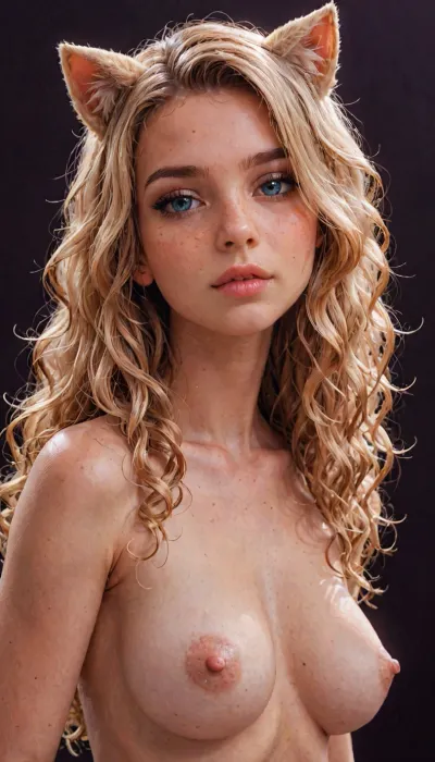 (Andava style), innv meets Jack cayless style, Cel-shaded, inked lineart, limited color palette, Ultra realistic, 8k, hdr, very detailed, beautiful girl, blonde long hair, (cat ears), (black makeup), ((nude)), bangs over eye, symmetrical blue eyes, snub nose, plumb lips, parted lips, half-closed eyes, perfect natural breasts, curly hair, erect puffy nipples, 1girl, solo, face focus, beautiful curves of the body, realistic detailed, deep insertion, intim light, cat uniform, (simple dark background:1.8), skin texture, futuristic-fantasy-anime, <lora:sd_xl_turbo_lora_v1-64dim:2>, <lora:futureistic_fantasy_anime_sdxl_v1:2>