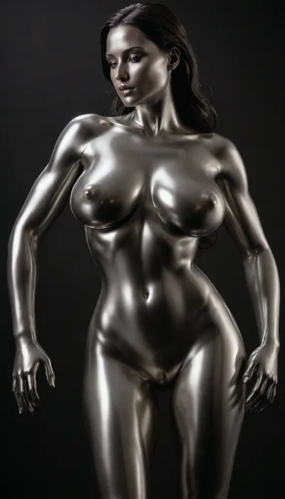 shiny liquid metal statue, large round breast, shaved, strong body, wide hips, fullbody