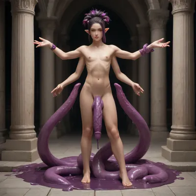 elf femboy, extremly pale skin, bone spikes growing out of skin, glowing eyes, red eyes, dark purple penis, huge penis, huge spikes on penis, mutated penis, full body, black sclera, muscular, muscular femboy, side shave, black hair, purple highlights, towering tall femboy, textured penis, mysterious purple haze, penis tentacles, erect penis, standing in a puddle of purple goo, tentacles growing out of the purple goo, reaching out to viewer with one hand, tentacles stretching towards viewer, they are about to fuck every hole in the viewers body, they will fuck viewer to the point his holes are permanently stretched, covered in slime, tentacles coiling around arms and legs, ancient mysterious temple, wierd mutations in body, (too long arms, deformed patches of skin, small tentacle in hair, 4 arms), welcoming you into the corruption