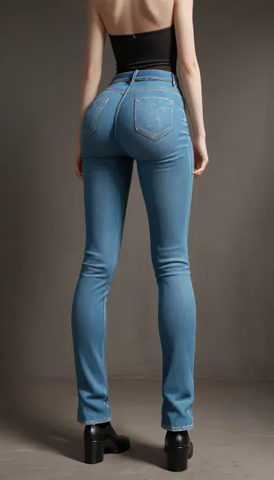 Full body view, back view, (exagerated gigantic bubble butt:1.5), (flat chest), (spandex black leotard), ((tight flared jeans:1.6)), (long legs), sad looking, Flared, jeans, <lora:ahxl_v1:1.7>, <lora:Leather20240814Z1-000003:.1>, <lora:Creat0r_MagicDetailzV2_FIX:1.4>, <lora:Flared_Jeans_XL_V2:2>