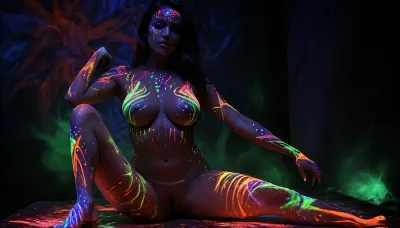 Ultraviolet backlit lighting style, dark room, uv rave, dancefloor, masterpiece, epic photorealism, 8k, hyper deatiled, DSLR camera, best quality, best resolution, uhd, dynamic, crystal clear focus, depth of field, 32k, 1woman, 30yo, curvy brunette, stunning face, large natural breasts, hard nipples, sexy thick legs, sexy feet, medium ass, g-string, (skin covered in uv body paint, uv make-up, uv eyeshadow, uv body paint ass, uv body paint legs, uv body paint feet, uv body paint boobs), hyper uv body paint, (uv bracelets, uv anklets), (glow sticks), sweaty, standing, dancing, beautiful eyes, Fluorescence, Ultraviolet, lighting, Style, style, uv, tanning, bed, Bioluminescence, glowing, dark, black, light, paint, PENeonUV, blacklight, neon, g1h3r, <lora:MJ52:2>, <lora:uv style v2:2>, <lora:dark:2>, <lora:PE_NeonUV Style:2>, <lora:GigerRainbowXL:2>