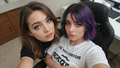 Selfie
18+
Woman, nerd, multi color hair, scenegirl hairstyle, layered hair, emo makeup, eyeliner, gaming chair, lifting shirt, grabbing her own boob, messy hair, heavy metal band t-shirt, loose t-shirt, high angle view, selfie, selfie view