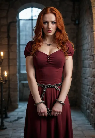 (masterpiece, best quality:1.2), photorealism, studio photo, UHD, 8k, medieval interrogation chamber, rusty chains hanging from the ceiling, dim torchlight, rough stone walls, cinematic lighting, moody atmosphere, high detail, realistic textures, dark medieval tone, detailled face, beautiful serbian woman, 30 years old, long red hair, (dark glamour makeup:1.2), busty, wearing a grey medieval dress, her hands are tied by massive rusty handcuffs, she knows that a harsh interrogation by the inquisitor awaits her, handscuffs, handcuffed, <lora:handcuffs_XL_1_-000007:.8>
