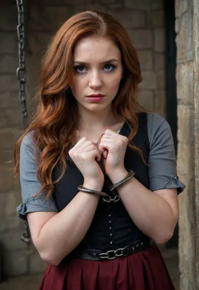 (masterpiece, best quality:1.2), photorealism, studio photo, UHD, 8k, medieval interrogation chamber, dim torchlight, rough stone walls, cinematic lighting, moody atmosphere, high detail, realistic textures, dark medieval tone, detailled face, beautiful serbian woman, 30 years old, long red hair, eerie dark makeup, busty, wearing a gray dress, her hands are tied by massive rusty iron handcuffs, handscuffs, handcuffed, torn, fly, down, at, _______, <lora:handcuffs_XL_1_-000007:.8>, <lora:tornclothesv6-8:.8>