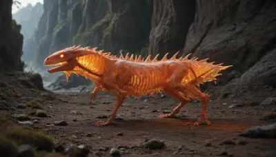 creature that perfectly inhabits the UV-reactive crystalline landscape. This being features a sleek, translucent body with internal skeletal structures that glow with neon cyan and violet light, mirroring the energy of the crystals around it. Its skin is adorned with intricate UV-reactive patterns in hot magenta and fluorescent orange, providing it with a natural camouflage among the neon flora. With its large, glowing amber eyes and multiple crystalline limbs, it's a fascinating addition to this otherworldly dimension. I hope you find it as captivating as the landscape itself.