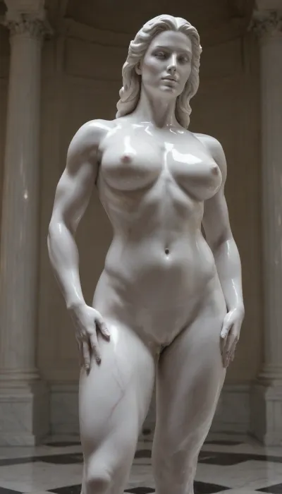 Shiny white marble statue, huge breast, shaved, fitness, muscular body, fullbody