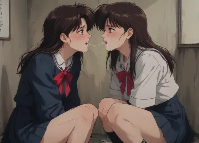 Markgavatino style, (retro anime:1.8), masterpiece, 2 women, 25 year old, on knee beneath you, awkwardly kissing, shy, embarrassed, crying, tears, cum on faces, cum leaking from mouth, (school uniform), <lora:mk_Bp Anime_xl:1>, <lora:NEOTOKIOXL_0.2_RC:2>