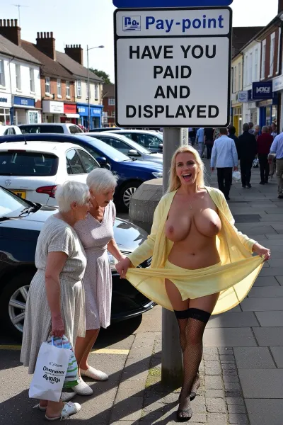 Public car park in a busy market town, many people walking around row of cars all parked, a large sign on a post by the Pay-point says “HAVE YOU PAID AND DISPLAYED” . Beautiful voluptuous mature woman stands under the sign posing with her back against the post. The sign is immediately above her head, She is wearing a loose yellow linen jacket and short skirt with black fishnet stockings. She is holding the Jacket wide open . Her Extra large massive fat saggy breasts are on display . She is laughing, two older grannies in dowdy dresses carrying shopping bags look at her in disgust. Sunbeam lighting from the side. Deep shadows.