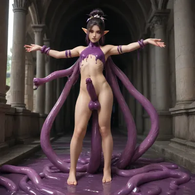 elf femboy, extremly pale skin, bone spikes growing out of skin, glowing eyes, red eyes, dark purple penis, huge penis, huge spikes on penis, mutated penis, full body, black sclera, muscular, muscular femboy, side shave, black hair, purple highlights, towering tall femboy, textured penis, mysterious purple haze, penis tentacles, erect penis, standing in a puddle of purple goo, tentacles growing out of the purple goo, reaching out to viewer with one hand, tentacles stretching towards viewer, they are about to fuck every hole in the viewers body, they will fuck viewer to the point his holes are permanently stretched, covered in slime, tentacles coiling around arms and legs, ancient mysterious temple, wierd mutations in body, (too long arms, deformed patches of skin, small tentacle in hair), welcoming you into the corruption