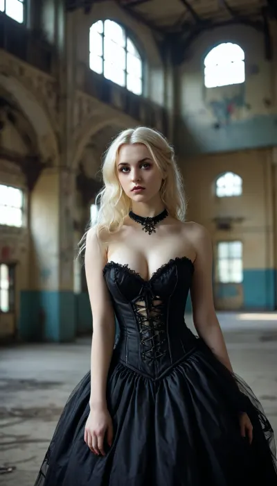 Eerie scene in an abandoned gymnasium, Beautiful blonde goth 25-year-old in a prom dress in a gymnasium, goth prom, macabre decorations, midnight, large natural breasts, saggy breasts, corset, <lora:MJ52:.8>