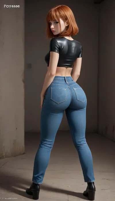 Full body view, (((front view))), ((hands in the back)), ((bubble butt:1.5)), 18yo stunning sexy secretary, slim waist, ginger hair with straight bangs, (((tight jeans pants with leather crop top with the words "PÉTASSE" written on top))), high black boots, small legs, ((looking at viewer)), lora, ahxl_v1, 1.7>, sad looking, Flared, jeans, bottomheavy, big, ass, huge, gigantic, thick, thighs, massive, <lora:Creat0r_MagicDetailzV2_FIX:2>, <lora:Flared_Jeans_XL_V2:2>, <lora:bottomheavy_v1_sdxl_LoRA:2>