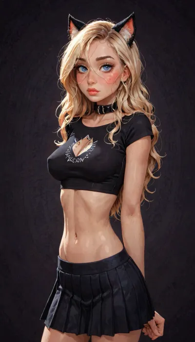 (reiq meets innv and Jack cayless art style), (Incase style:1.2), (solo girl), beautiful girl, (cute shy face), (black collar), blonde long hair, (cat ears), (black knit pleated skirt), (sexy abs:1), (narrow waist:1), (crop knit top), bangs over eye, symmetrical blue eyes, snub nose, plumb lips, parted lips, half-closed eyes, perfect natural breasts, curly hair, ((erect puffy nipples:.9)), 1girl, solo, face focus, beautiful curves of the body, realistic detailed, deep insertion, intim light, (simple dark background:1.8), skin texture, futuristic-fantasy-anime, incase, style, <lora:sd_xl_turbo_lora_v1-64dim:2>, <lora:futureistic_fantasy_anime_sdxl_v1:2>, <lora:Incase_Style__SDXL:2>