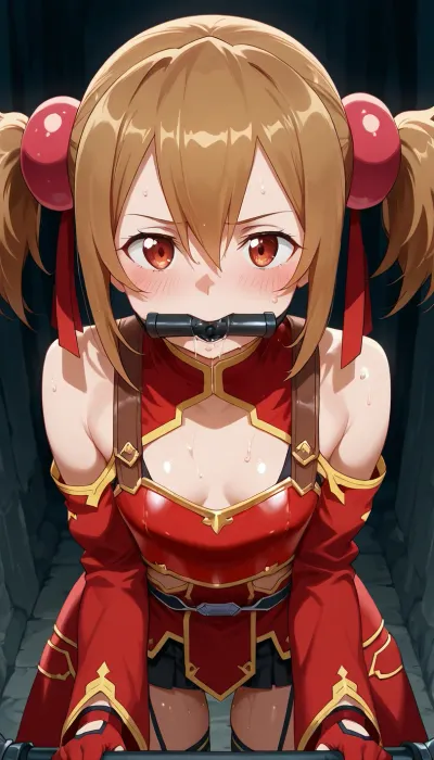 Silica from Sword Art Online, petite build with brown hair in twintails, flat-chested, in a "ponygirl" outfit, pulling a cart with a bit gag in her mouth, wearing a leather harness with a plume, sweating from exertion, anime art style, fanart, explicit, nsfw