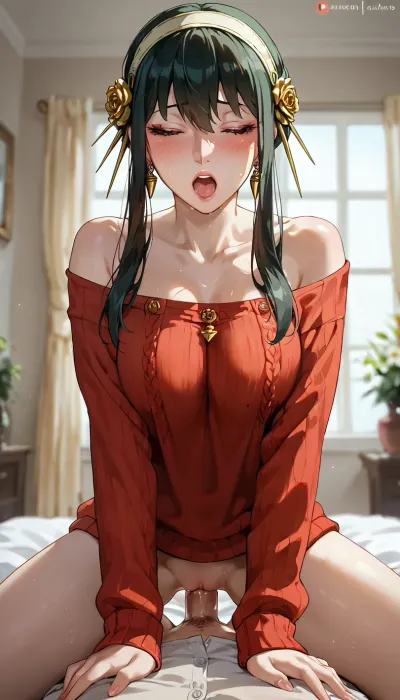 Having sex, cowgirl position. Yor Forger. Bedroom. Red sweater. moaning, beautiful model, sporty body, hourglass figure, lifelike colors, yor briar, pov., <lora:yor-briar-s1s2-sdxl-lora-nochekaiser:.8>