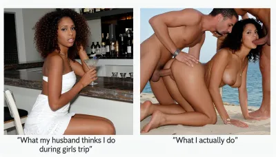 side-by-side two pictures of a young african woman, (((same woman in both pictures))), with curly brown hair, sitting in a bar on the beach with a coctail. On the first picture on the left she wears a white summer dress, the description of the pictures say "What my husband thinks I do during girls trip". On the second picture on the right she is naked, nude, in the middle of a group of men, on the ground, men standing around her, she is on all four, a man fuck her from behind while another man fuck her mouth holding her head, visible anal sex, one cock in the ass and another cock in the mouth, (((cum on her boobs and face))), cum on boobs, the description of the pictures say "What I actually do".