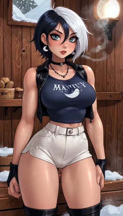 (innv meets jack cayless style), (reiq style, masterpiece, cel-shaded, limited color palette), ((Beautiful Muscles Sexy Luna Snow from marvel rivals game body:1.5)), (1girl, solo, alone, 21 year old woman), (gorgeous, seductive face, haft black hair and white hair, short cut hair, mature, ads, perfect breast, perfect hands, perfect legs, small waist, big thick thighs, huge hips, big ass, hard nipped, pubic hair, sweaty body), (haft black hair and white hair), ((blue top shirt)), (short jacket), (necklace), (white short pants), (icicle earrings), (leather boots), (belts around her arms), (standing teasing posing), (in sauna, steam, smoke, background), ultraviolet light, LoL, Style, <lora:LCMTurboMix_Euler_A_fix:2>, <lora:mk_Bp Anime_xl:2>, <lora:Ppolar-P3v1-NbVp10:2>, <lora:Marvel_Rivals:2>, <lora:Microwaist_XL_v01:2>
