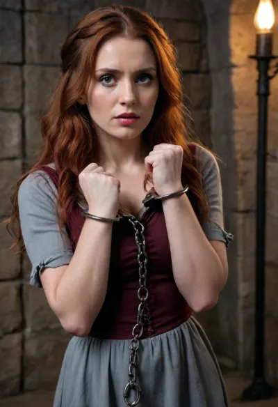 (masterpiece, best quality:1.2), photorealism, studio photo, UHD, 8k, medieval interrogation chamber, dim torchlight, rough stone walls, cinematic lighting, moody atmosphere, high detail, realistic textures, dark medieval tone, detailled face, beautiful serbian woman, 30 years old, long red hair, eerie dark makeup, wearing a gray dress, her hands are tied by massive rusty iron handcuffs, handscuffs, handcuffed, torn, fly, down, at, _______, <lora:handcuffs_XL_1_-000007:.8>, <lora:tornclothesv6-8:.8>