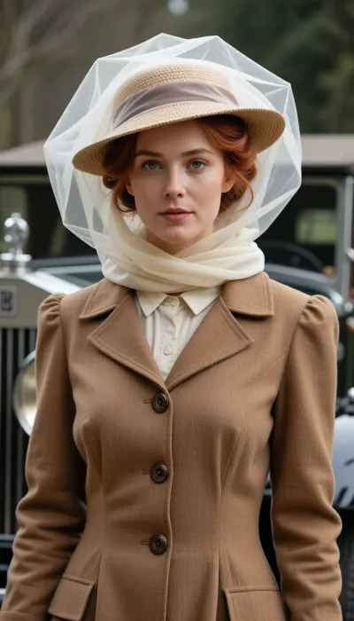 Historical 1910 period photorealism, medium close-up, based on authentic museum patterns for specialized female motoring protective outerwear. The subject is a European woman with reddish auburn hair and green eyes, standing in natural overcast daylight directly in front of the blurred 1910 Rolls-Royce Silver Ghost automobile from image_8.png. She is encased in an authentic early-1910s protective motoring duster gown, specifically defined as a duster. This garment must be constructed as a completely straight, boxy, un-waisted tubular linen tunic made of coarse, heavy, unbleached brown linen canvas, dropping vertically flat from broad natural shoulders. The front is a smooth, continuous, flat linen panel with a single-breasted placket fastened solely by large, flat dark-brown horn buttons. A simple. Rising from the neck is the rigid standing band of a plain canvas blouse. On her head, she wears a structured, wide-brimmed 1910 straw toque automobile capor, pinned securely to her Gibson Girl hairstyle. A massive, non-transparent cream silk chiffon veil wrap, is bound tightly and hermetically around this structured capor and under her chin, forming a bulky protective dust seal with zero transparency, lokcking the entire head structure against the wind. The sheer chiffon creates a massive, voluminous balloon-like volume around her head. Natural, raw linen textile texture with heavy slubs. Fine film grain, realistic f/2.8 bokeh, 1910 historical accuracy, coarse textile weave.