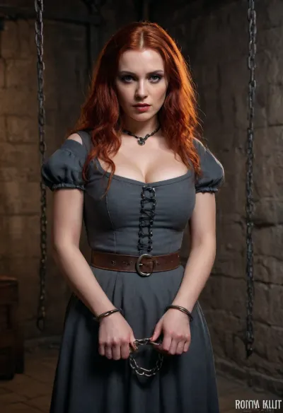 (masterpiece, best quality:1.2), photorealism, studio photo, UHD, 8k, medieval interrogation chamber, rusty chains hanging from the ceiling, dim torchlight, rough stone walls, cinematic lighting, moody atmosphere, high detail, realistic textures, dark medieval tone, detailled face, beautiful serbian woman, 30 years old, long red hair, (dark glamour makeup:1.2), busty, wearing a grey medieval dress, her hands are tied by massive rusty handcuffs, she knows that a harsh interrogation by the inquisitor awaits her, handscuffs, handcuffed, <lora:handcuffs_XL_1_-000007:.8>