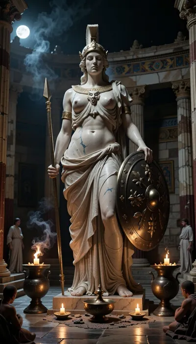 A monumental ancient Greek statue of Athena standing inside a temple dedicated to her in Classical Greece, around the 5th century BCE, at night. The sacred sanctuary is dimly illuminated by flickering oil lamps, bronze braziers, and small offerings burning before the goddess, creating a solemn, mysterious and reverent atmosphere. Athena’s towering statue dominates the temple interior, portrayed as a majestic warrior goddess with a calm, wise and commanding expression. She wears an ornate crested Corinthian helmet pushed slightly back from her face, a flowing peplos with richly sculpted folds, and the aegis across her chest bearing the head of Medusa.

In one hand she holds a long spear, and beside her stands a large round shield decorated with mythological reliefs. Owl and olive motifs are subtly incorporated into the design, symbolizing wisdom and Athens. The statue is made of pale marble with traces of ancient painted pigment and gilded ornament, historically inspired rather than plain white stone.

The temple interior is grand and shadowed, with tall fluted marble columns, painted friezes, carved stone walls, bronze vessels, votive offerings, and thin streams of incense smoke drifting upward in the darkness. Moonlight enters faintly from the temple entrance and upper openings, mixing with the warm firelight to create dramatic contrast across the statue’s face and robes. The atmosphere feels sacred, ancient, and almost supernatural, as if the goddess is silently watching over the city.

A few distant worshippers in historically appropriate ancient Greek robes kneel or stand in prayer near the edges of the chamber, small in scale compared to the immense statue. Historically inspired Classical Greek architecture, archaeological realism, sacred atmosphere, dramatic torchlight, cinematic shadows, volumetric smoke, highly detailed marble sculpture, realistic textures, photorealistic, moody, mysterious, majestic, museum-quality historical reconstruction, wide cinematic composition.