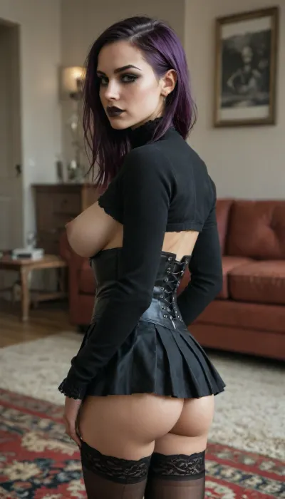 shallow depth of field, 85mm lens, 18-year-old, beautiful, athletic, young, (((gothic))), female, purple hair, ((black eye shadow, black lipstick)), tanned skin, tight large breasts, ((untrimmed bushy pubic hair)), ((exposed breasts)), ((black Lace gothic Bolero Shrug with black lace underbust corset)), ((red tartan pleated micro skirt)), ((lace stocking)), ((rear view)), ((butt spread)), crawling on a carpet in a modern penthouse living room, warm glow, direct eye contact, cinematic atmosphere