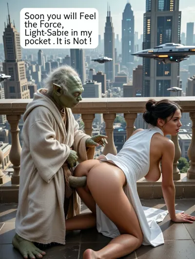 The Star Wars character Yoda in his tattered cream linen robe stands on a balcony overlooking Coruscant a planet wide city of towering skyscrapers and speeder-filled air traffic.
Beside him in her iconic white gown is Princess Leia, dark hair in side buns, she is on all fours facing away from Yoda, face down, ass up. . Curvaceous, Extra large breasts, hairy pussy

Yoda reaches out with his hand and uses the Force and her gown flies up leaving her butt exposed and naked. Yoda has a large hairy green hard-on. Yoda is looking intently at her butt and positions his cock at her butt-hole, with his hands on her hips.
White text box top left “Soon you will Feel the Force, Light-Sabre in my pocket . It is Not ! “ easy read font