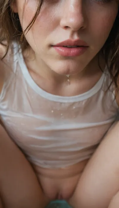 "Masterpiece, ultra realistic photo, close up shot, front view. A stunningly beautiful woman with an expressive face of pure relief and shameless ecstasy. She is urinating directly towards the camera, a stream of warm urine flowing from her vulva. Detailed liquid physics, droplets splashing, wet skin glistening, wet clothes clinging to her body, intense eye contact, flushed cheeks, messy hair, cinematic lighting, dramatic shadows, 8k resolution, hyper realistic textures, raw and explicit fetish content, pornographic masterpiece."