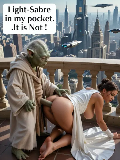 The Star Wars character Yoda in his tattered cream linen robe stands on a balcony overlooking Coruscant a planet wide city of towering skyscrapers and speeder-filled air traffic.
Beside him in her iconic white gown is Princess Leia, she is on all fours facing away from Yoda, face down, ass up. . Curvaceous, Extra large breasts, hairy pussy

Yoda reaches out with his hand and uses the Force and her gown flies up leaving her butt exposed and naked. Yoda has a large hairy green hard-on. Yoda is looking intently at her butt and positions his cock at her butt-hole, with his hands on her hips.
White text box top left “ Light-Sabre in my pocket . It is Not ! “ easy read font