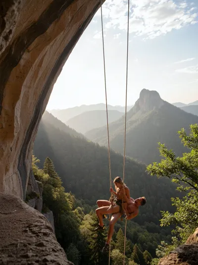 A high-resolution vertical adventure photograph shows a couple making love suspended in mid-air by twin ropes beneath an impressive rock overhang. Taken from a slight distance, the photo reveals a textured limestone ledge in the foreground on the left. The twin ropes descend from the top edge to the two harnessed climbers. The woman is seated on the man's penis as he lies prone. Their legs dangle, their shoes are visible, and their spontaneous expressions betray pleasure and excitement. In the background, tiered mountain ranges and a sunlit valley carpeted with dense, verdant forest, a jagged peak in the distance, and a slightly cloudy sky. The natural light, with its soft, slightly warm highlights and gentle shadows, provides rich, realistic colors. The great depth of field ensures optimal sharpness of both the climbers and the landscape. The composition uses negative space to suggest height and vertigo, ropes as guidelines, rock as a frame, emphasizing texture, atmospheric mist over the mountains, cinematic clarity, and an atmosphere of adventure.